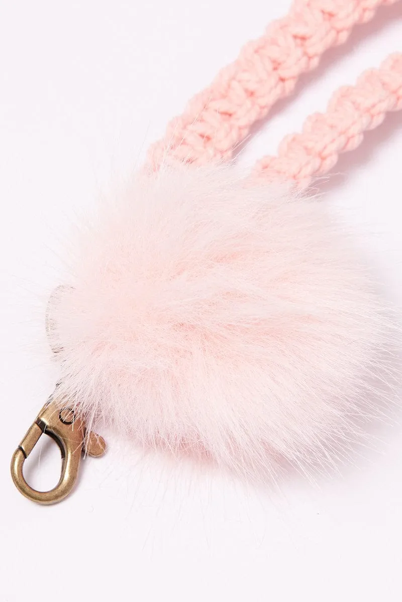 Pink Braided Wristband Keychain Pom Pom