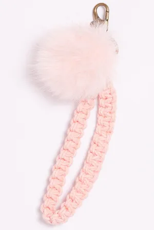 Pink Braided Wristband Keychain Pom Pom