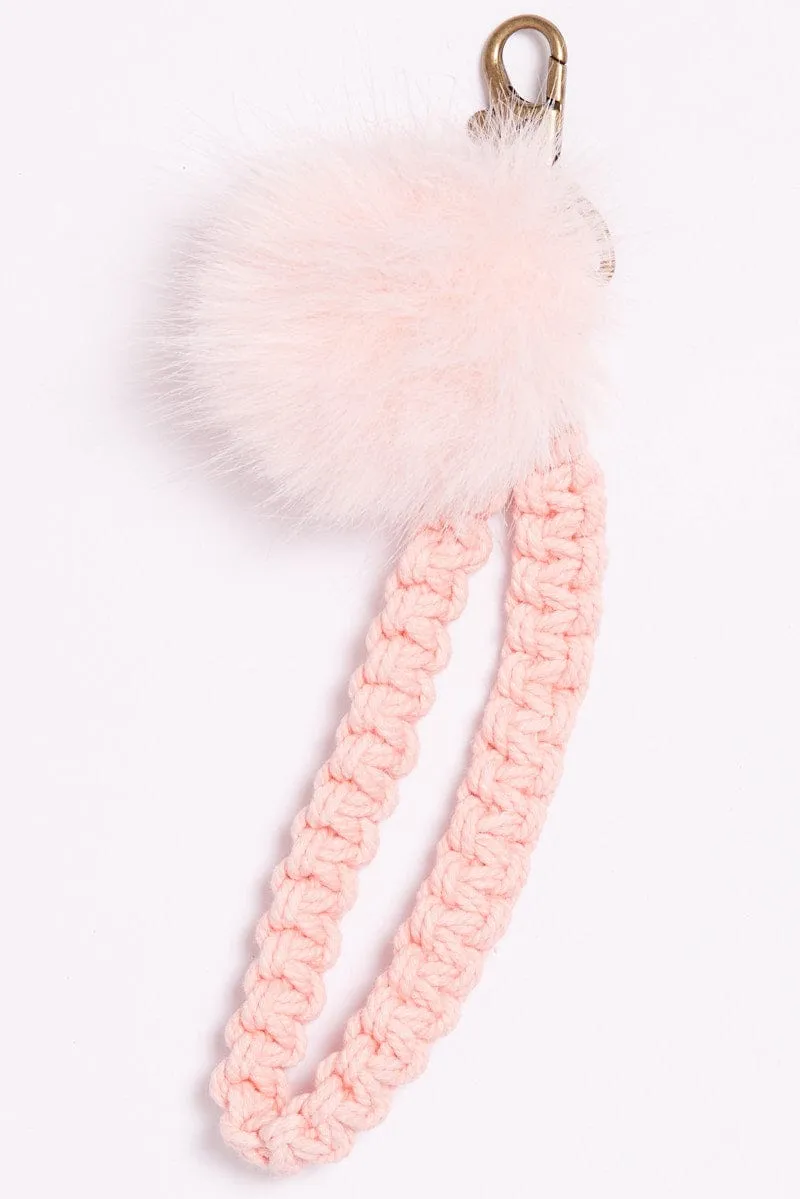 Pink Braided Wristband Keychain Pom Pom