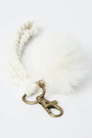 White Braided Wristband Keychain Pom Pom