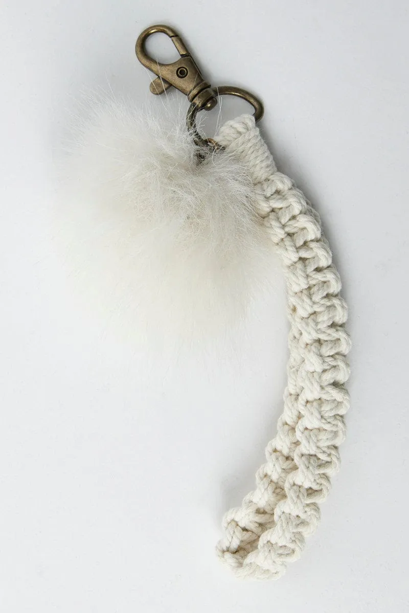 White Braided Wristband Keychain Pom Pom
